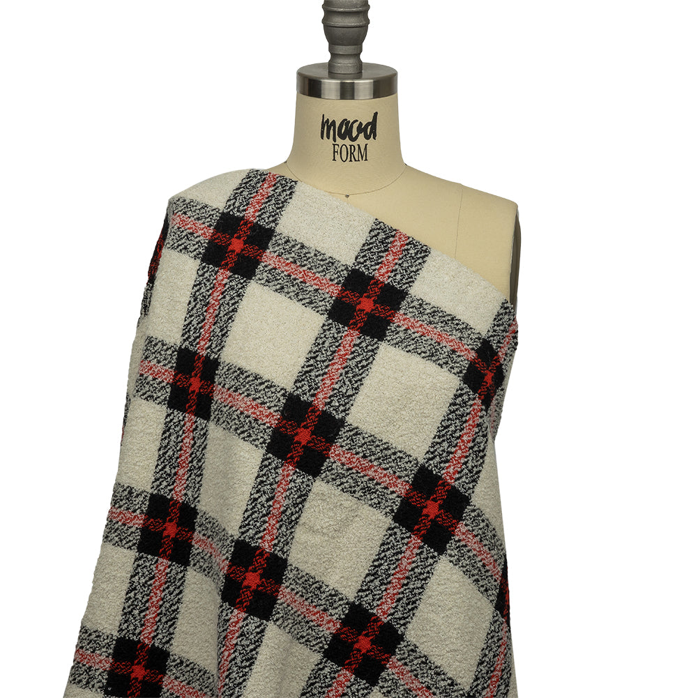 Famous Designer Cream, Black and Red Plaid Blended Wool Boucle Coating Famous Designer Cream, Black and Red Plaid Blended Wool Boucle Coating