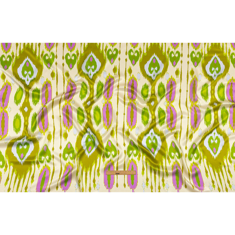Italian Kiwi, Orchid and Beige Ikat Diamonds Silk Charmeuse Drape Italian Kiwi, Orchid and Beige Ikat Diamonds Silk Charmeuse Drape