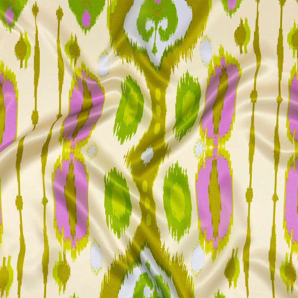 Italian Kiwi, Orchid and Beige Ikat Diamonds Silk Charmeuse Italian Kiwi, Orchid and Beige Ikat Diamonds Silk Charmeuse