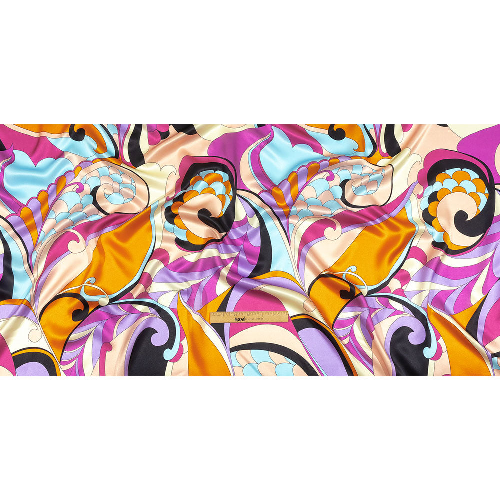 Italian Orange, Peach and Sky Scales and Swirls Silk Charmeuse Drape Italian Orange, Peach and Sky Scales and Swirls Silk Charmeuse Drape