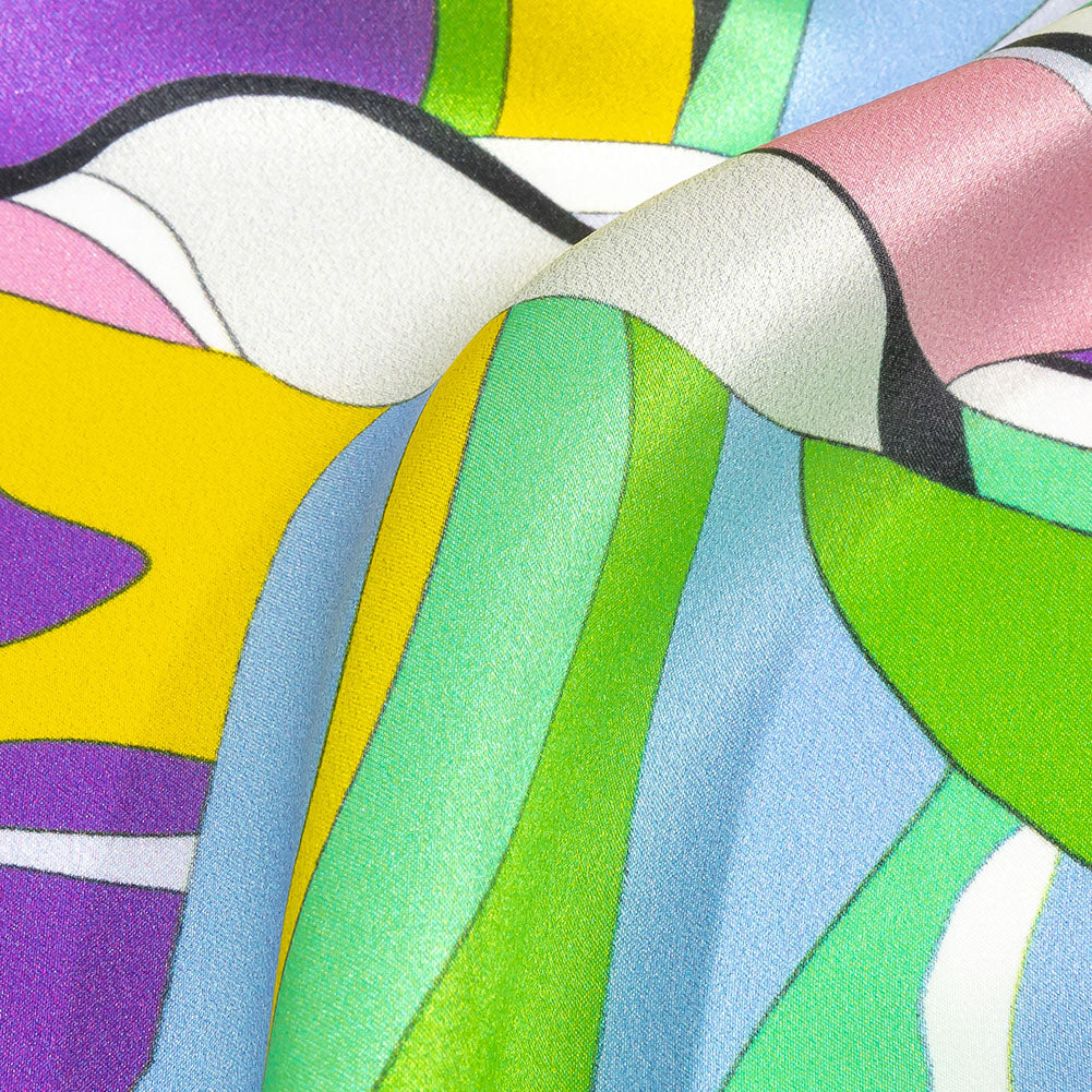Italian Purple, Green and Yellow Organic Geometry Silk Charmeuse Folded Italian Purple, Green and Yellow Organic Geometry Silk Charmeuse Folded
