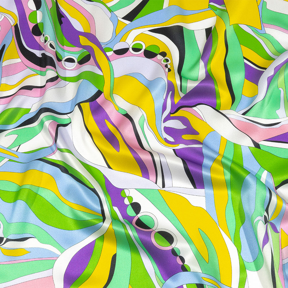 Italian Purple, Green and Yellow Organic Geometry Silk Charmeuse Italian Purple, Green and Yellow Organic Geometry Silk Charmeuse