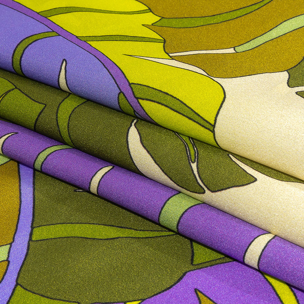 Italian Deep Lavender, Olive and Lime Jungle Leaves Silk Charmeuse Full Italian Deep Lavender, Olive and Lime Jungle Leaves Silk Charmeuse Full