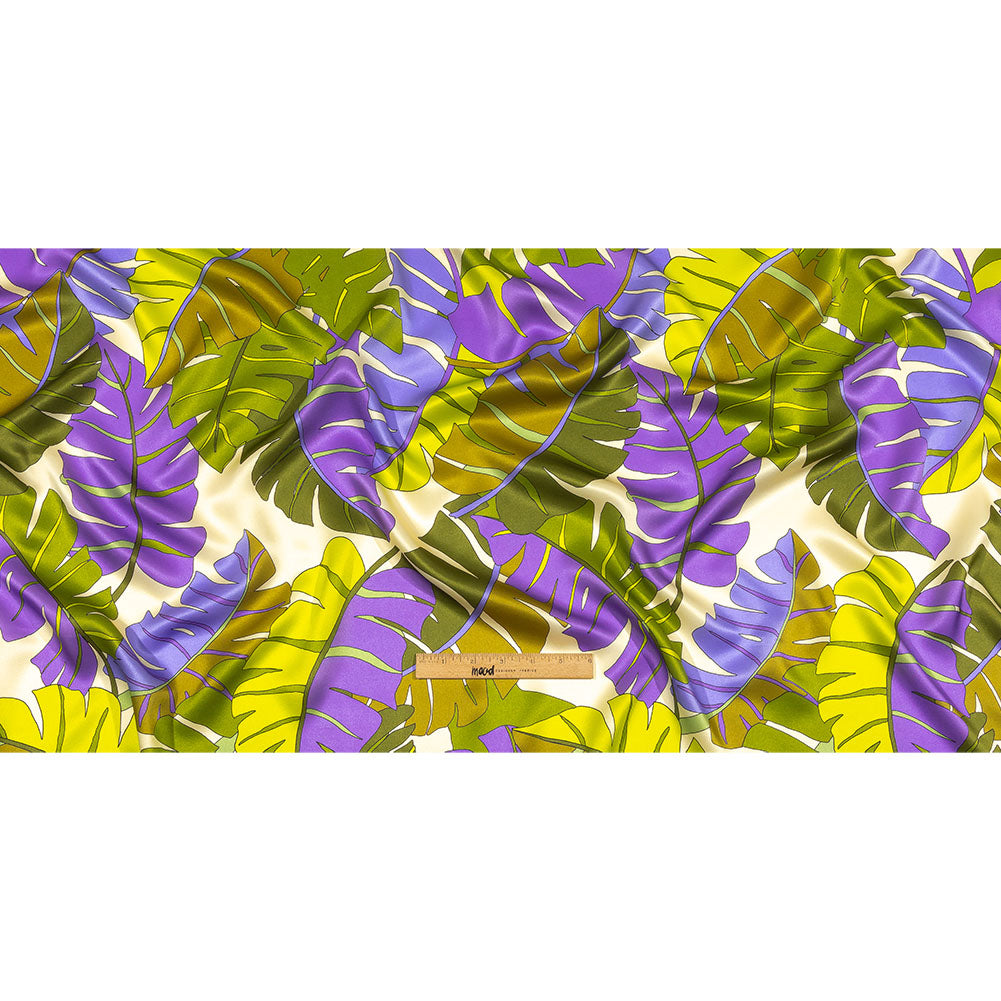 Italian Deep Lavender, Olive and Lime Jungle Leaves Silk Charmeuse Drape Italian Deep Lavender, Olive and Lime Jungle Leaves Silk Charmeuse Drape