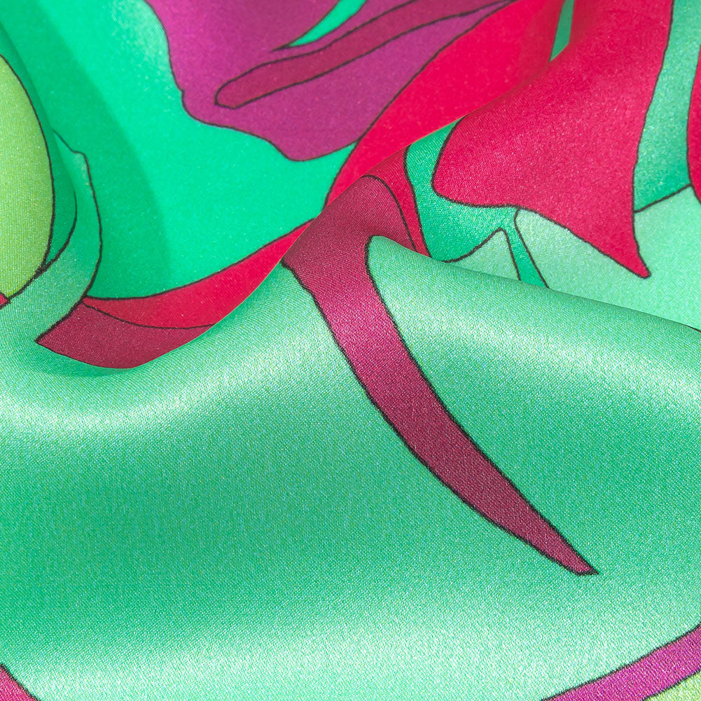Italian Fuchsia, Hot Pink and Mint Jungle Leaves Silk Charmeuse Folded Italian Fuchsia, Hot Pink and Mint Jungle Leaves Silk Charmeuse Folded