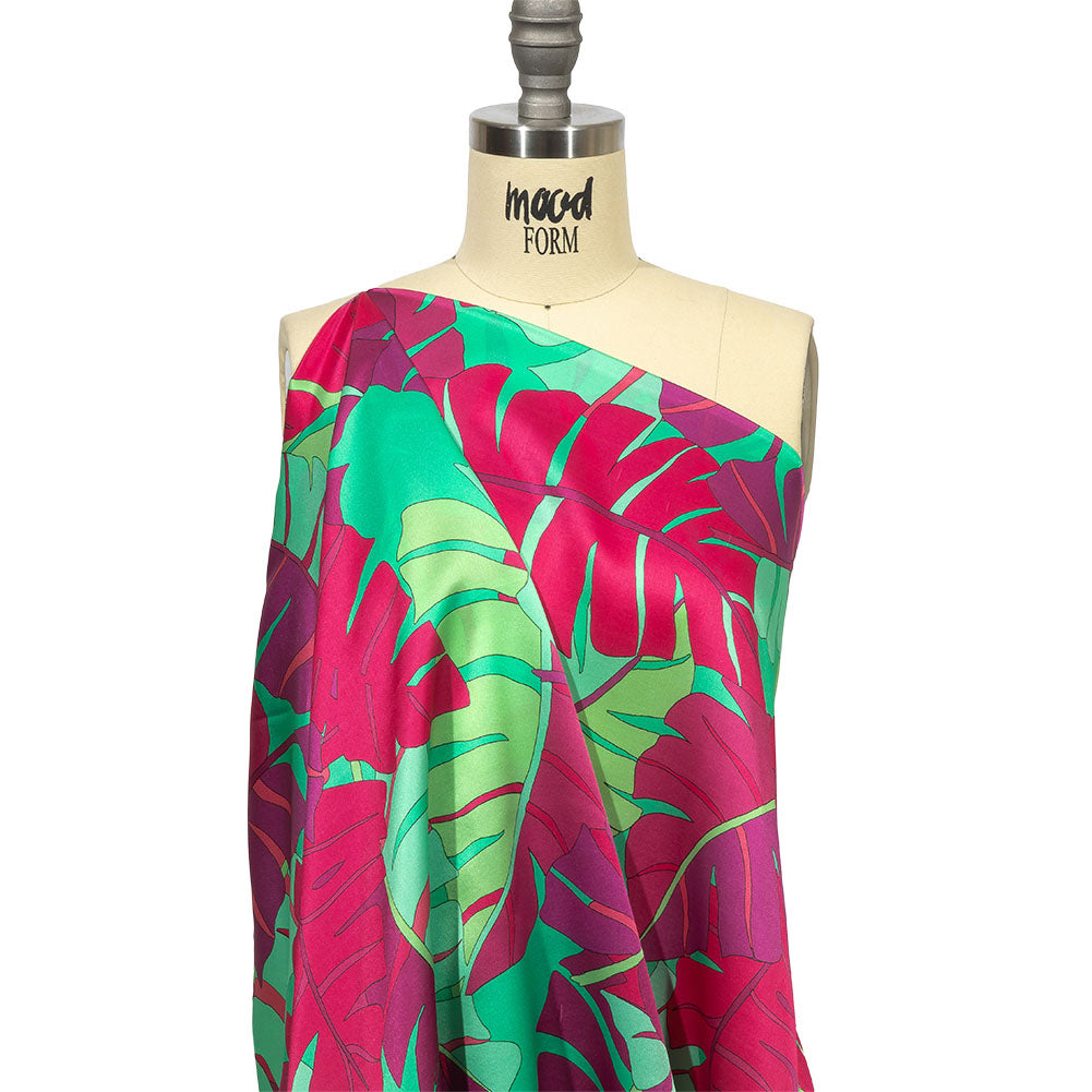 Italian Fuchsia, Hot Pink and Mint Jungle Leaves Silk Charmeuse Detail Italian Fuchsia, Hot Pink and Mint Jungle Leaves Silk Charmeuse Detail