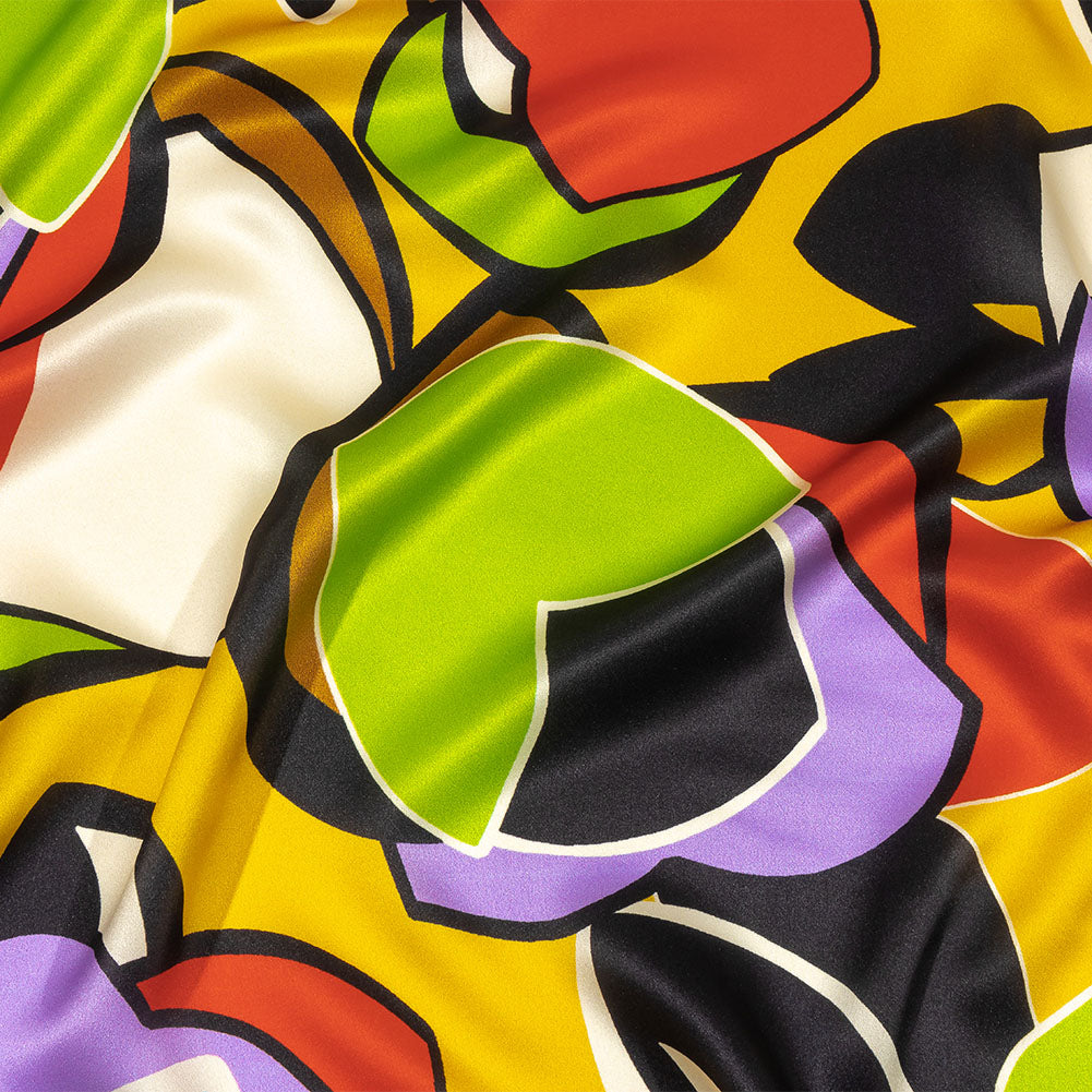 Italian Lime, Goldenrod and Red Geometric Floral Silk Charmeuse Italian Lime, Goldenrod and Red Geometric Floral Silk Charmeuse