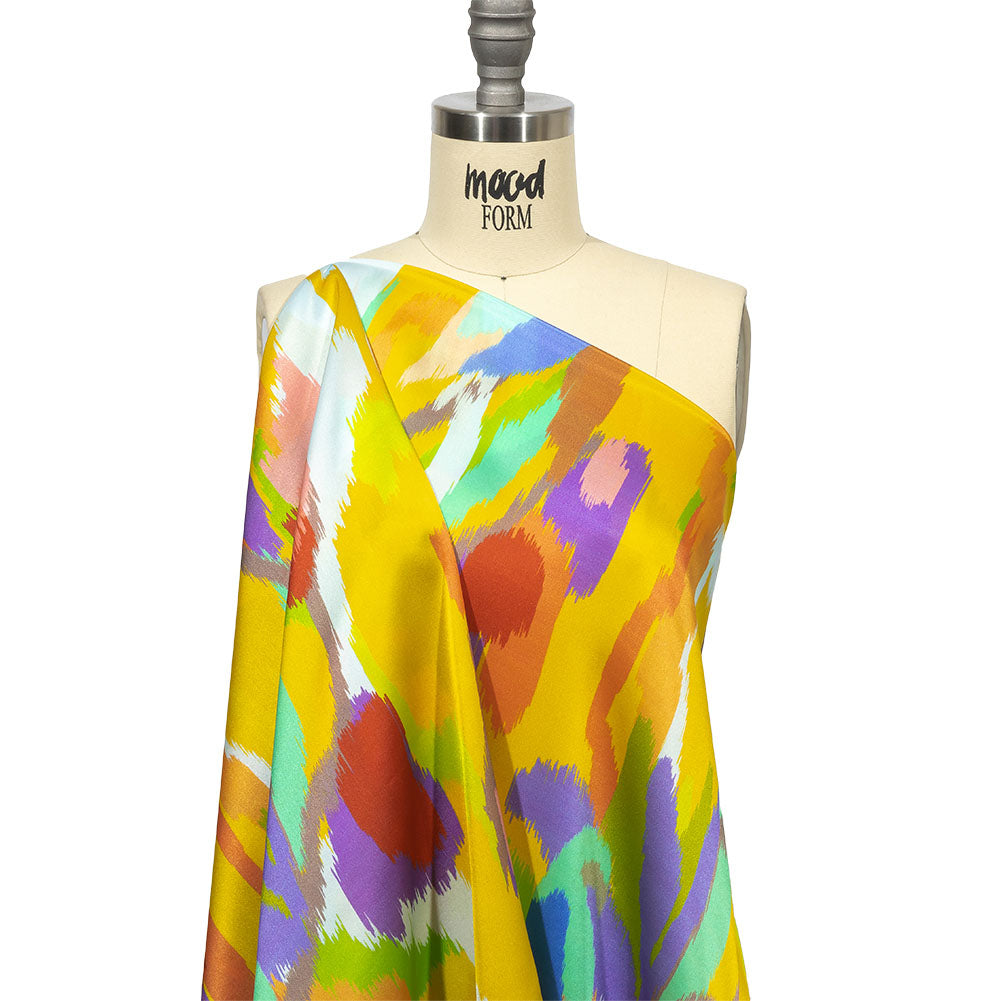Italian Yellow, Green and Red Ikat Paradise Silk Charmeuse Detail Italian Yellow, Green and Red Ikat Paradise Silk Charmeuse Detail