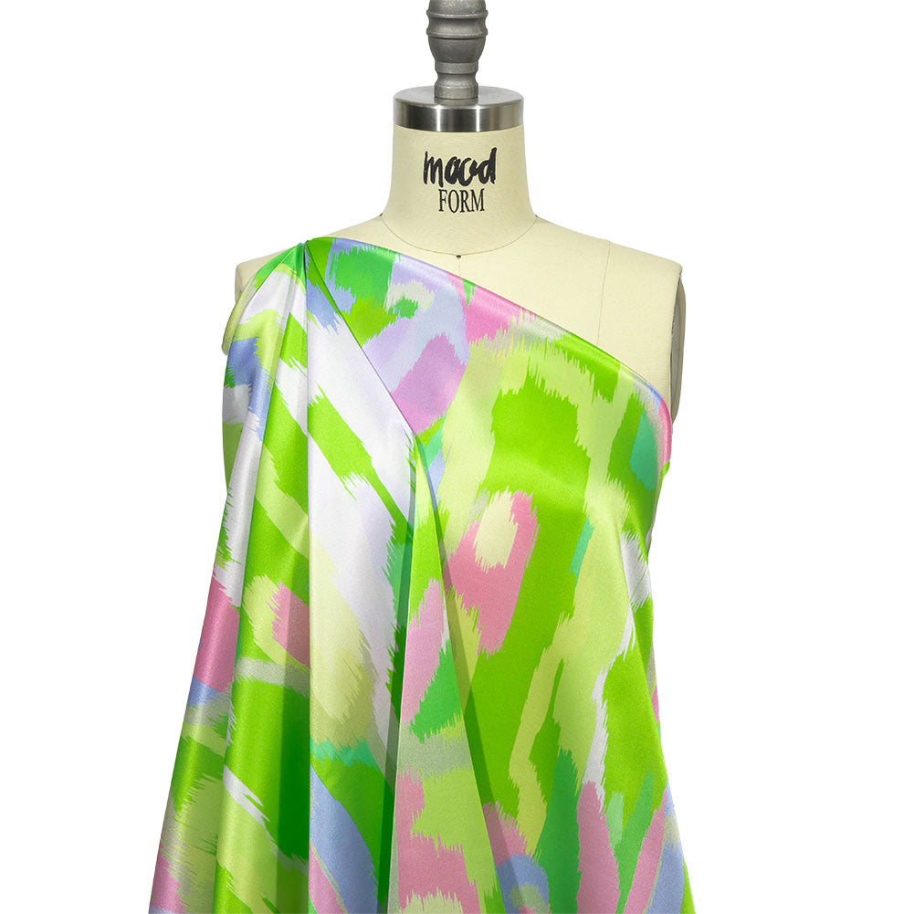 Italian Lime, Pink and Lilac Ikat Paradise Silk Charmeuse Detail Italian Lime, Pink and Lilac Ikat Paradise Silk Charmeuse Detail