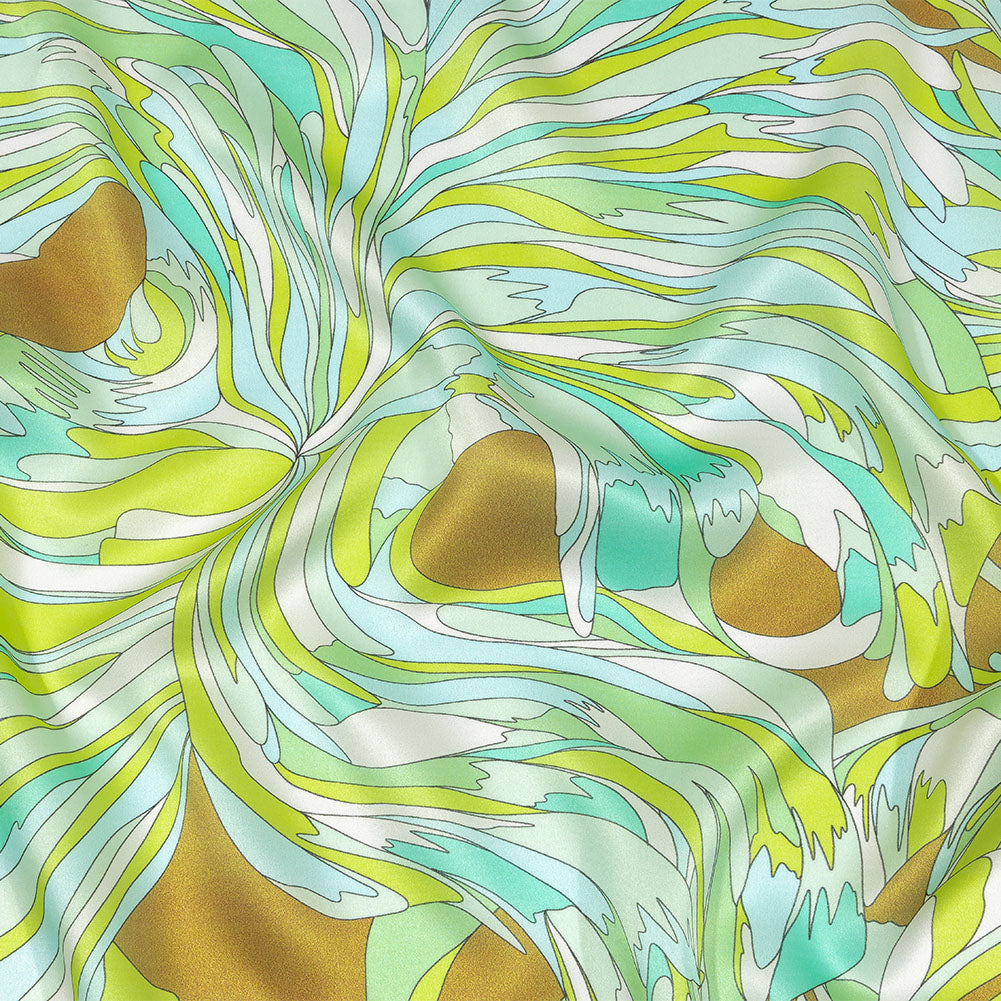 Italian Seafoam, Sky and Brown Feathered Flowers Silk Charmeuse Italian Seafoam, Sky and Brown Feathered Flowers Silk Charmeuse