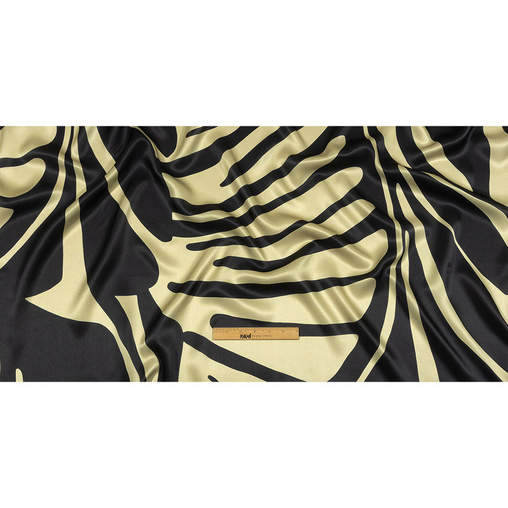 Italian Black and Beige Oversized Leaves Silk Charmeuse Drape Italian Black and Beige Oversized Leaves Silk Charmeuse Drape
