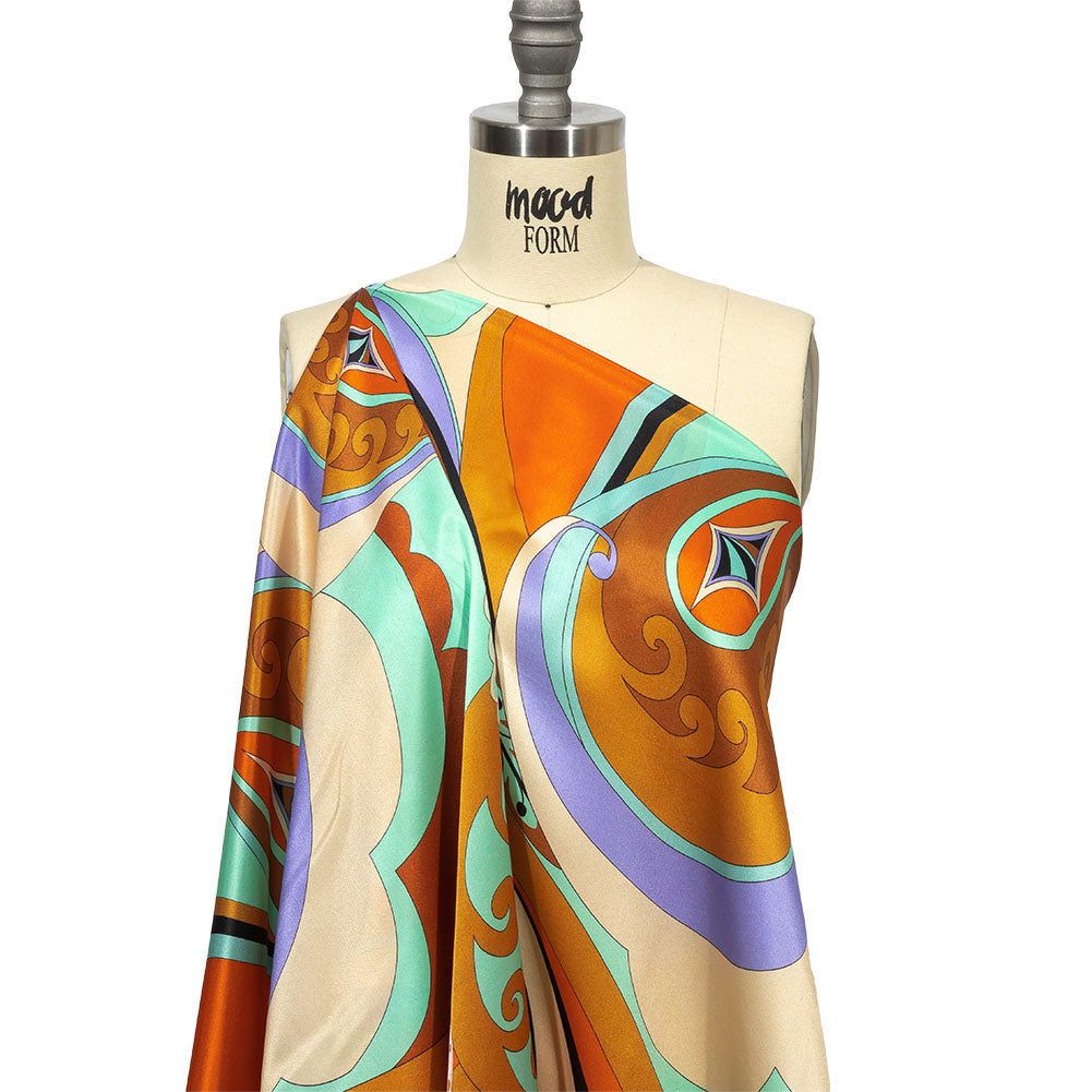 Italian Brown, Orange and Seafoam Leafy Abstract Silk Charmeuse Detail Italian Brown, Orange and Seafoam Leafy Abstract Silk Charmeuse Detail