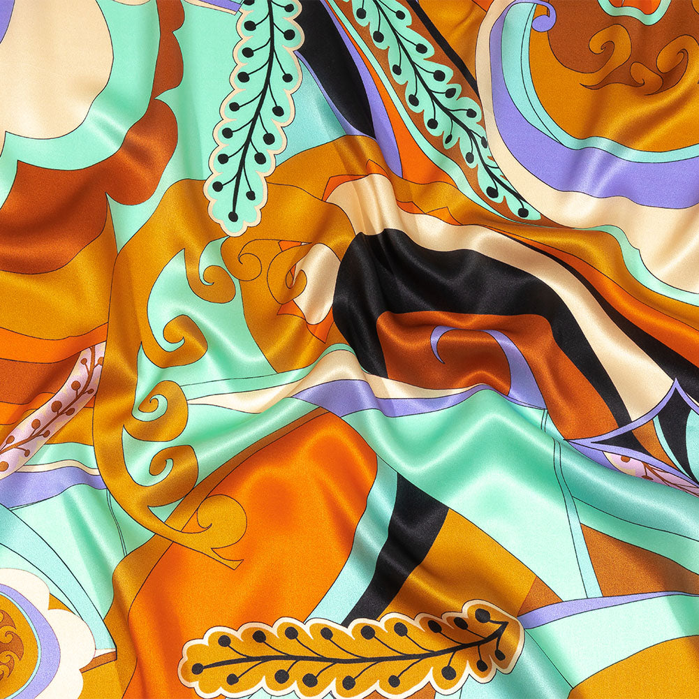 Italian Brown, Orange and Seafoam Leafy Abstract Silk Charmeuse Italian Brown, Orange and Seafoam Leafy Abstract Silk Charmeuse
