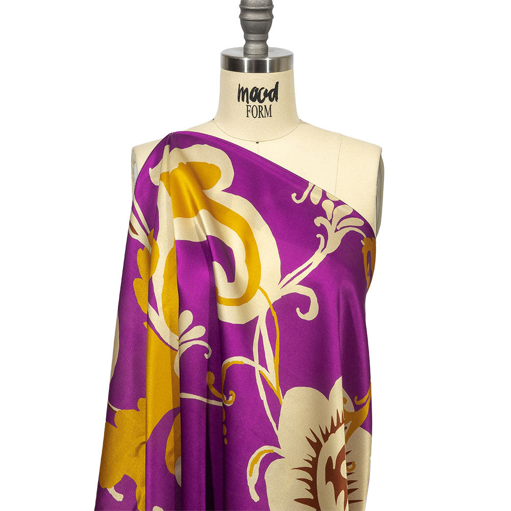 Italian Purple, Gold and Beige Ornamental Floral Silk Charmeuse Detail Italian Purple, Gold and Beige Ornamental Floral Silk Charmeuse Detail
