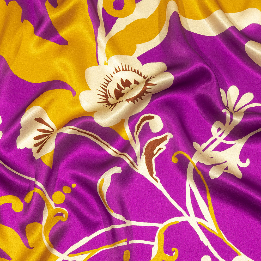 Italian Purple, Gold and Beige Ornamental Floral Silk Charmeuse Italian Purple, Gold and Beige Ornamental Floral Silk Charmeuse