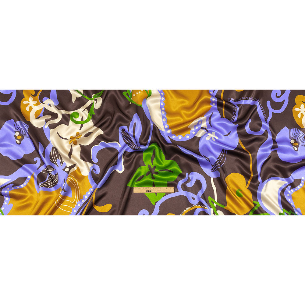 Italian Brown, Blue and Green Abstracted Floral Silk Charmeuse Drape Italian Brown, Blue and Green Abstracted Floral Silk Charmeuse Drape