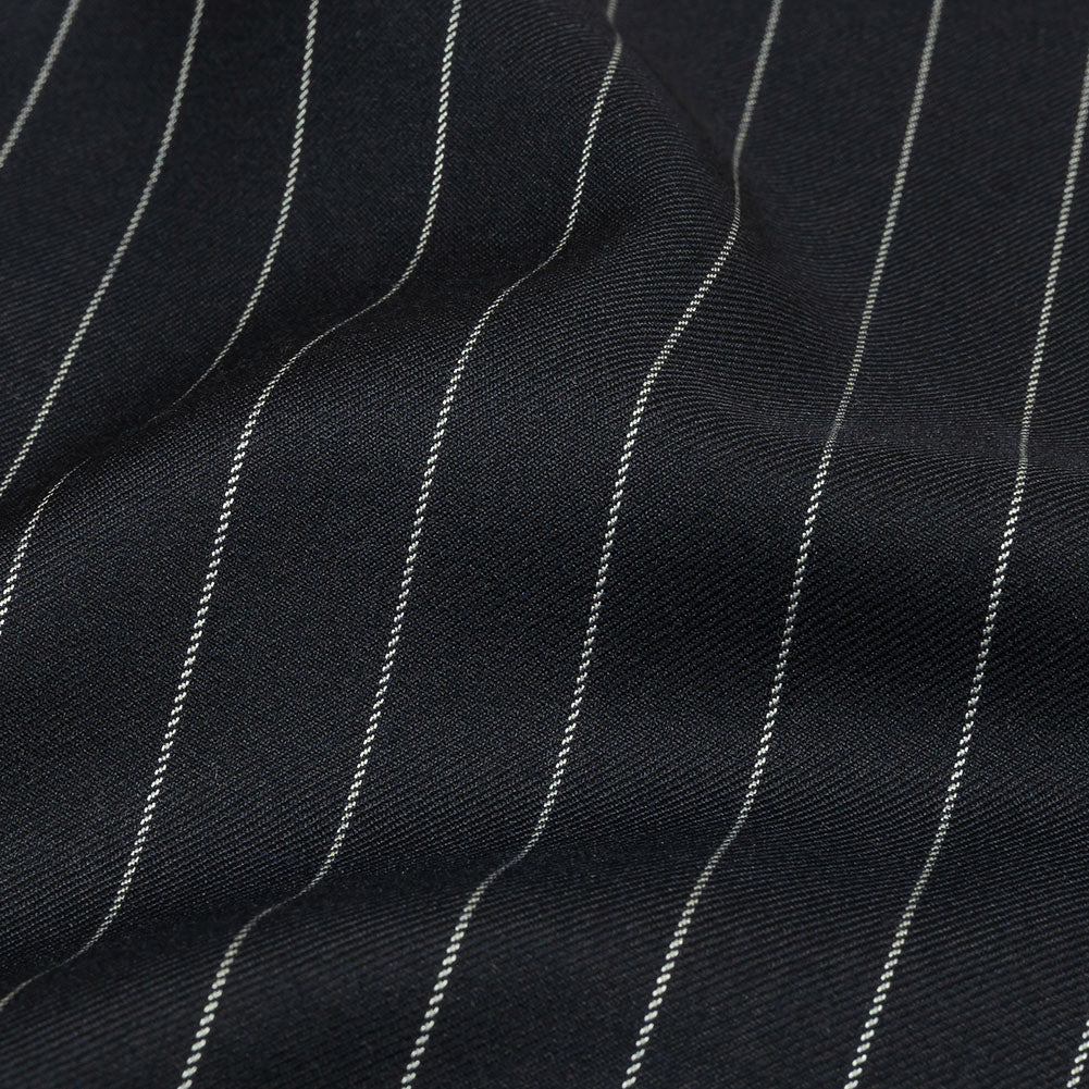 Balenciaga British Midnight Navy and Light Gray Pinstriped Super 180 Virgin Wool and Cashmere Twill Suiting Detail Balenciaga British Midnight Navy and Light Gray Pinstriped Super 180 Virgin Wool and Cashmere Twill Suiting Detail