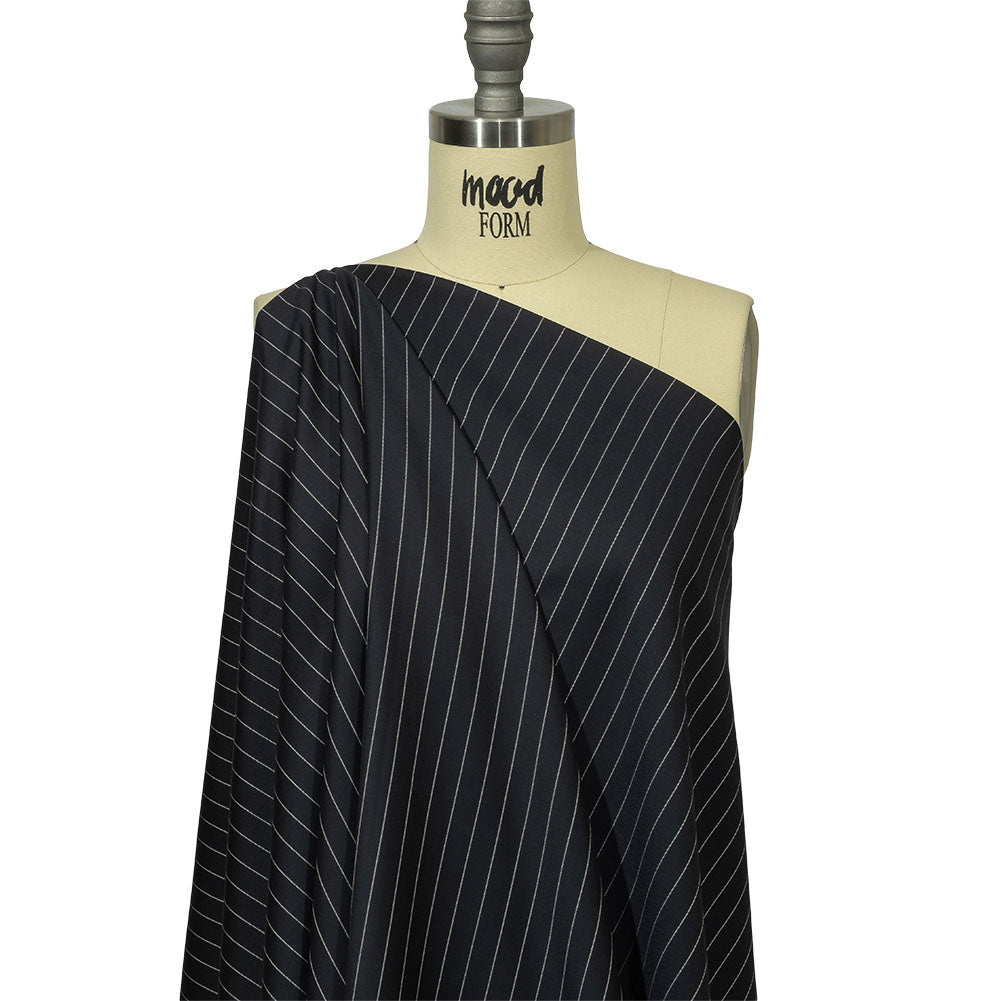 Balenciaga British Midnight Navy and Light Gray Pinstriped Super 180 Virgin Wool and Cashmere Twill Suiting Drape Balenciaga British Midnight Navy and Light Gray Pinstriped Super 180 Virgin Wool and Cashmere Twill Suiting Drape