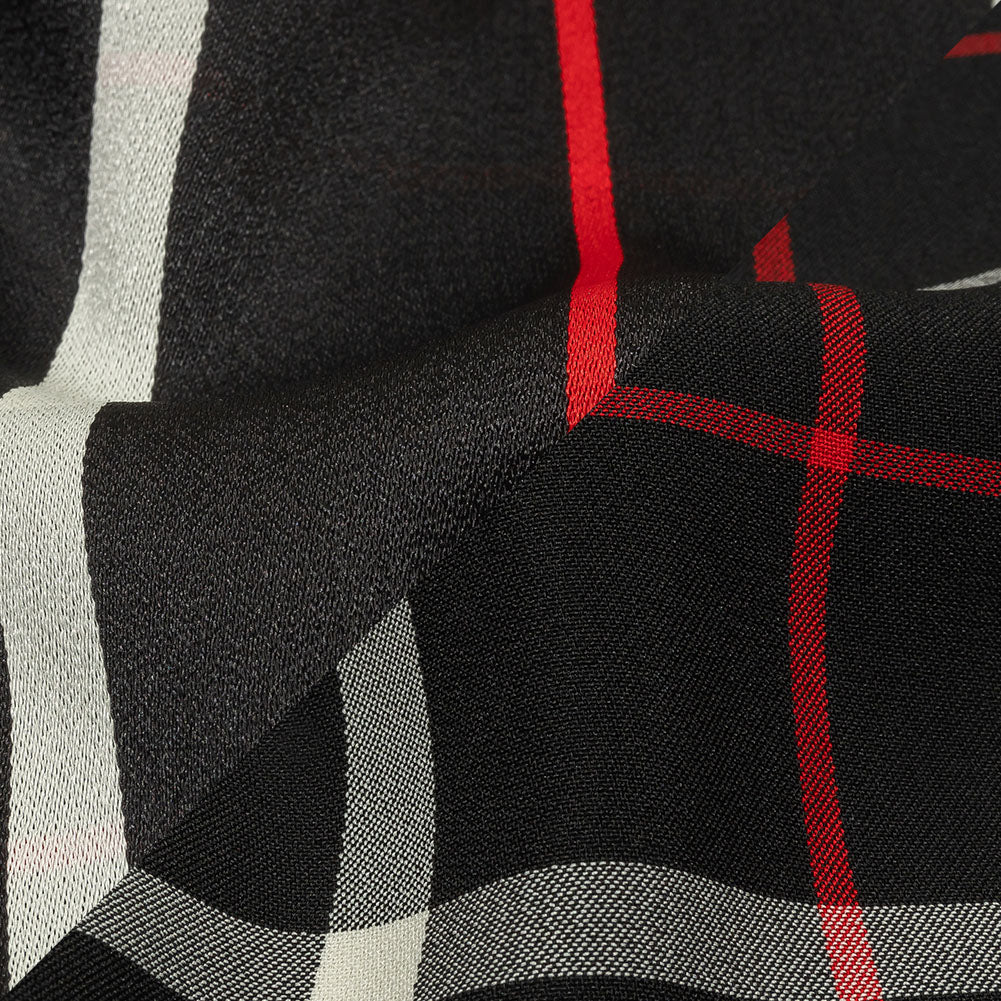 Balenciaga Italian Black, Star White and Red Checked and Striped Double Faced Fluid Viscose Crepe Back Twill Detail Balenciaga Italian Black, Star White and Red Checked and Striped Double Faced Fluid Viscose Crepe Back Twill Detail