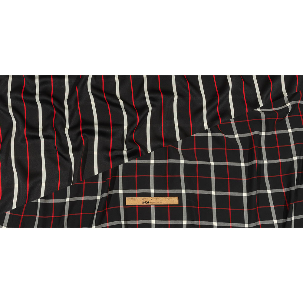 Balenciaga Italian Black, Star White and Red Checked and Striped Double Faced Fluid Viscose Crepe Back Twill Full Balenciaga Italian Black, Star White and Red Checked and Striped Double Faced Fluid Viscose Crepe Back Twill Full