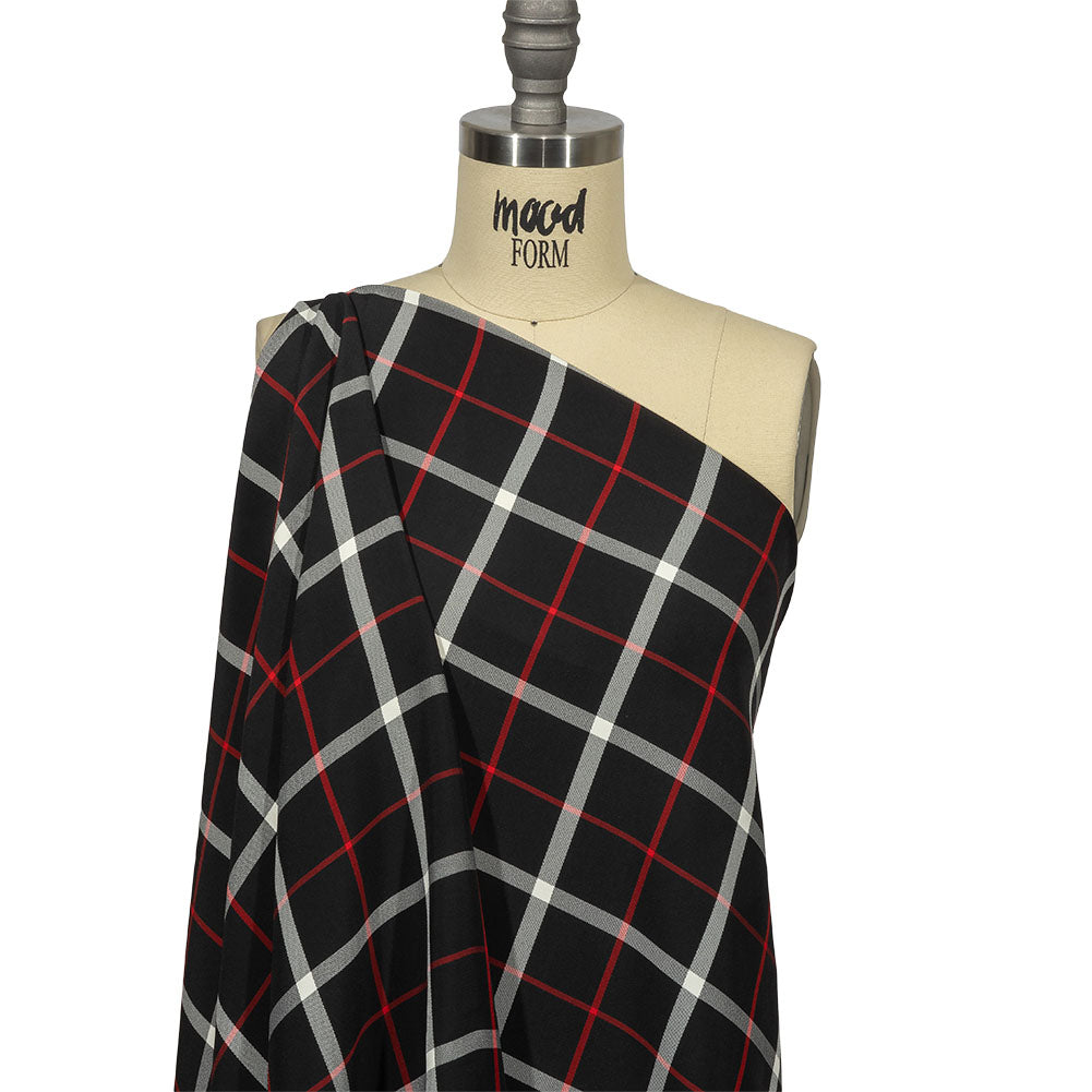 Balenciaga Italian Black, Star White and Red Checked and Striped Double Faced Fluid Viscose Crepe Back Twill Drape Balenciaga Italian Black, Star White and Red Checked and Striped Double Faced Fluid Viscose Crepe Back Twill Drape