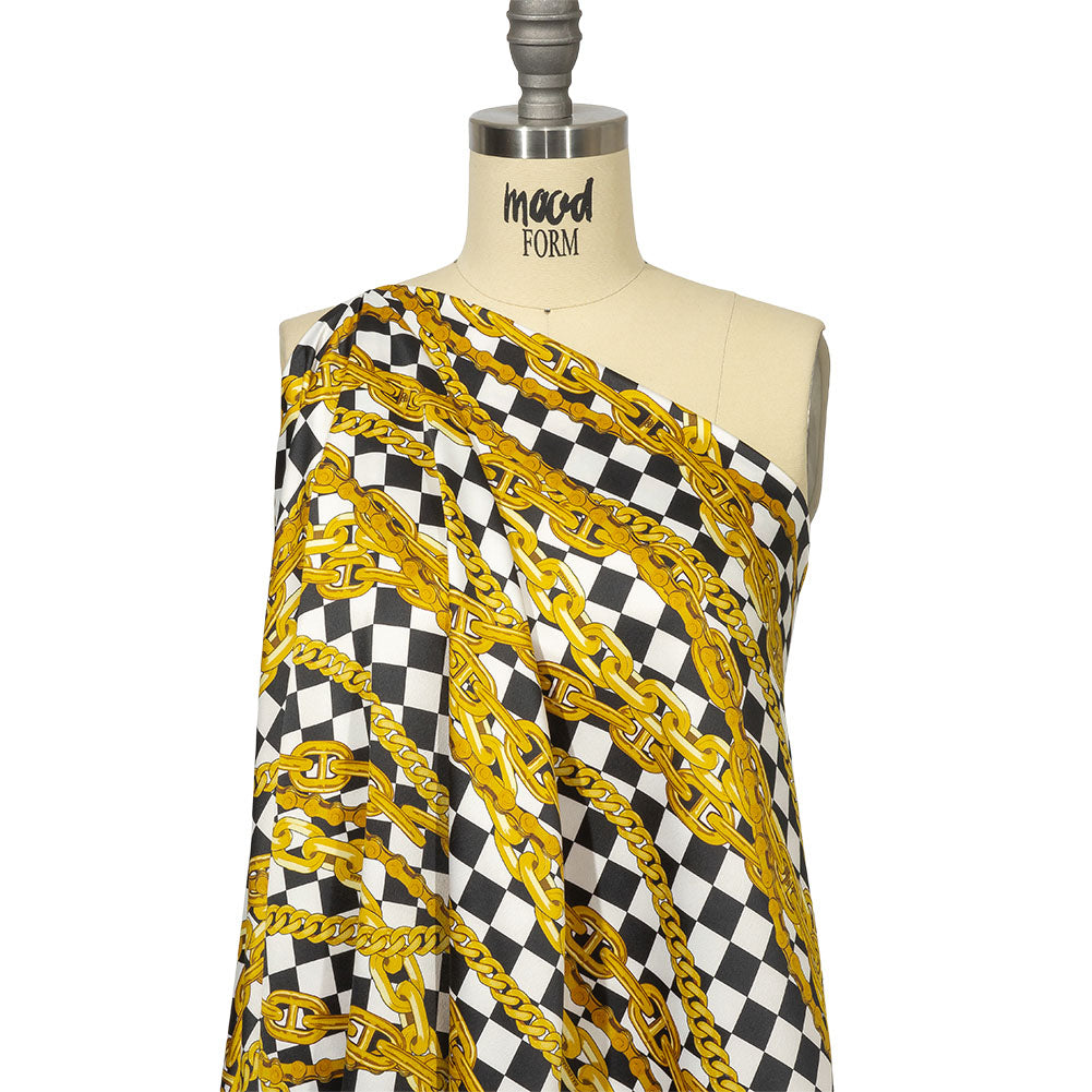 Balenciaga Italian Black Beauty, White Alyssum and Gold Chains and Checkers Polyester Crepe Back Satin Drape Balenciaga Italian Black Beauty, White Alyssum and Gold Chains and Checkers Polyester Crepe Back Satin Drape