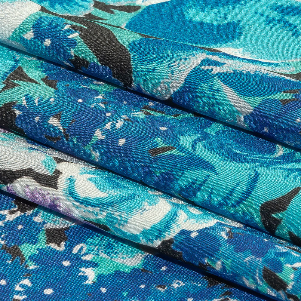 Balenciaga Italian Blue, Purple and Meteorite Floral Polyester Crepe de Chine Folded Balenciaga Italian Blue, Purple and Meteorite Floral Polyester Crepe de Chine Folded