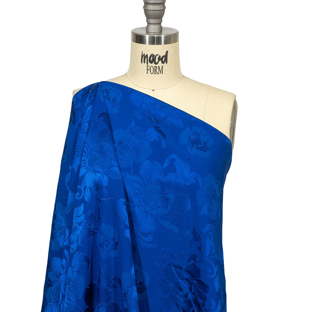 Balenciaga Italian Royal Blue Floral Tonal Stretch Viscose and Polyester Jacquard Drape Balenciaga Italian Royal Blue Floral Tonal Stretch Viscose and Polyester Jacquard Drape