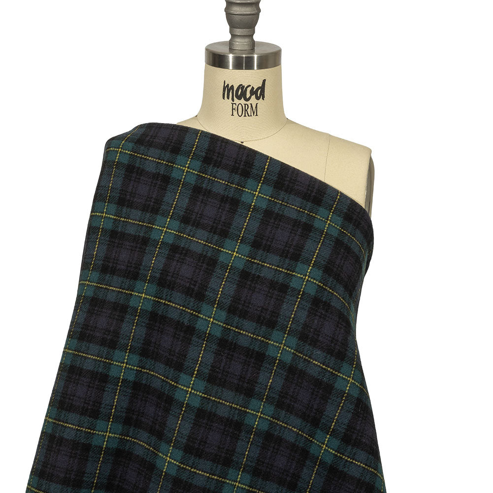Balenciaga Italian Navy, Green and Yellow Tartan Brushed Double Cloth Blended Wool and Cashmere Twill Coating Drape Balenciaga Italian Navy, Green and Yellow Tartan Brushed Double Cloth Blended Wool and Cashmere Twill Coating Drape