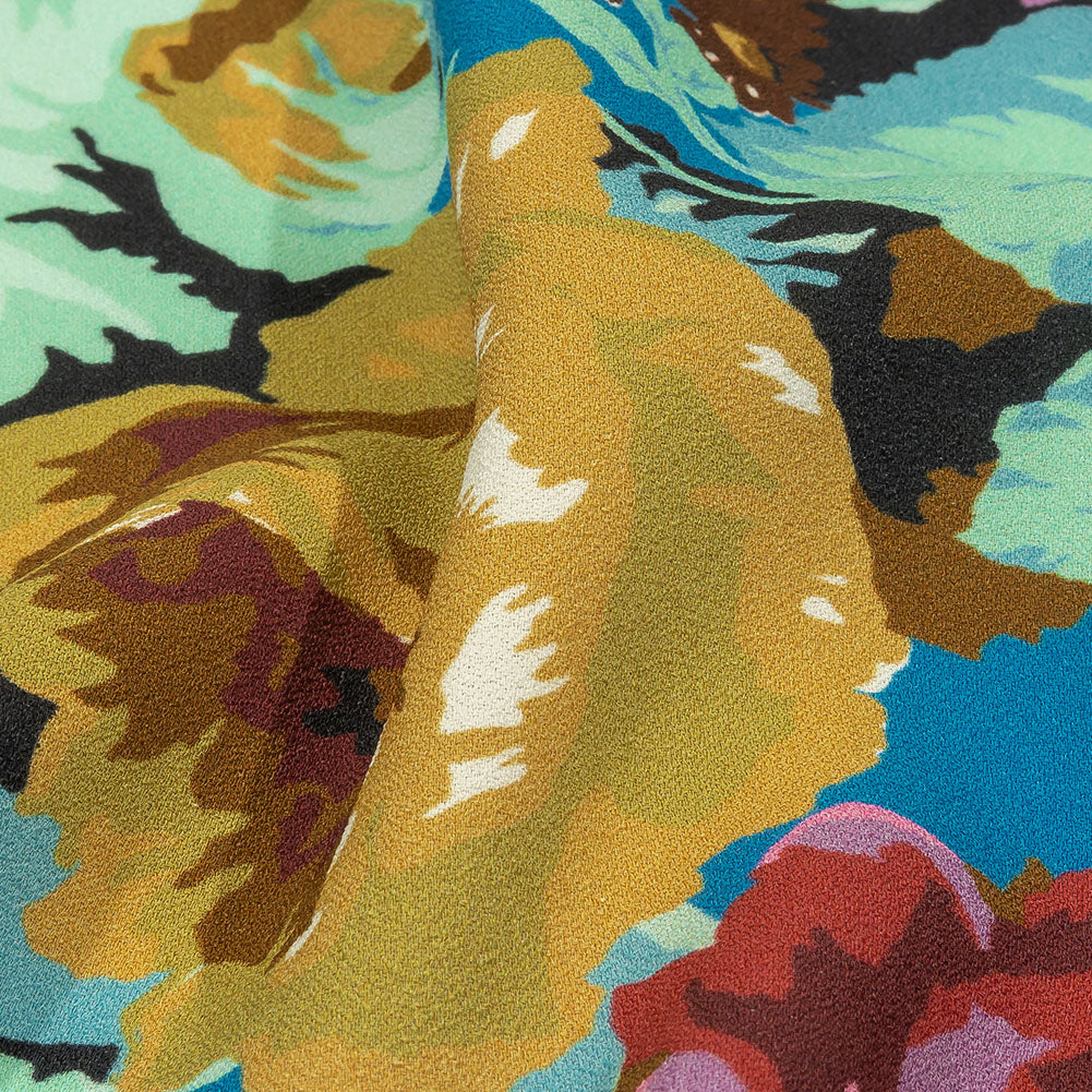 Balenciaga Italian Blue, Mustard and Red Roses Rayon Crepe Folded Balenciaga Italian Blue, Mustard and Red Roses Rayon Crepe Folded