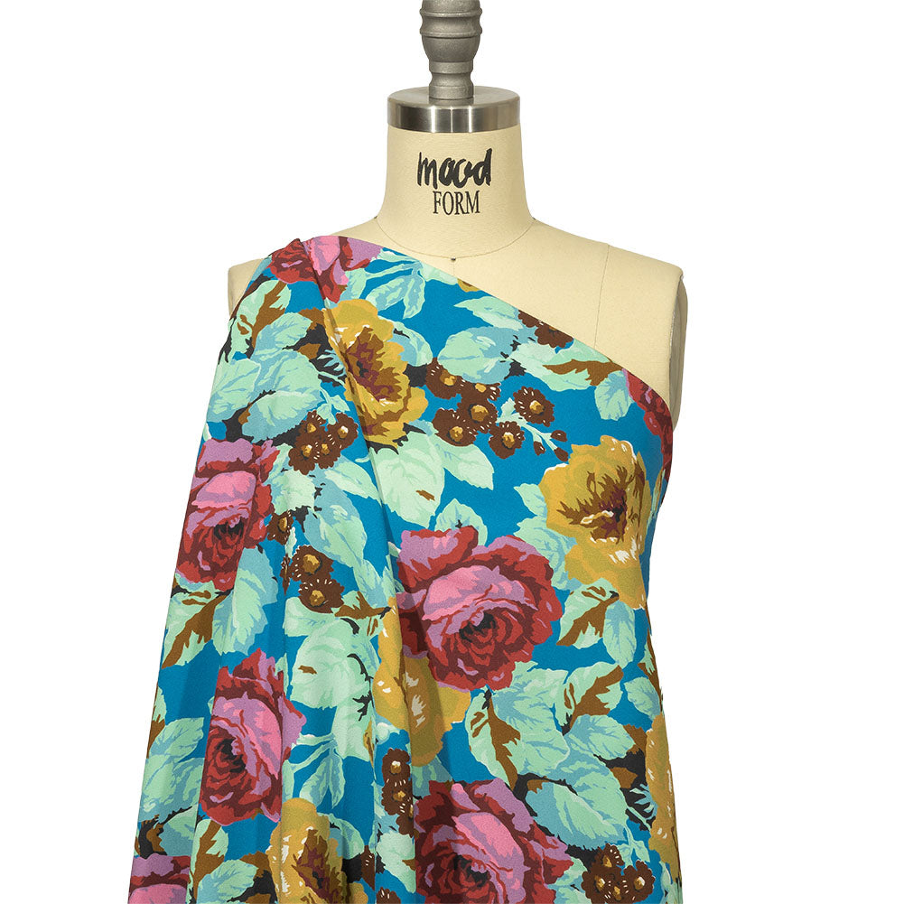 Balenciaga Italian Blue, Mustard and Red Roses Rayon Crepe Detail Balenciaga Italian Blue, Mustard and Red Roses Rayon Crepe Detail