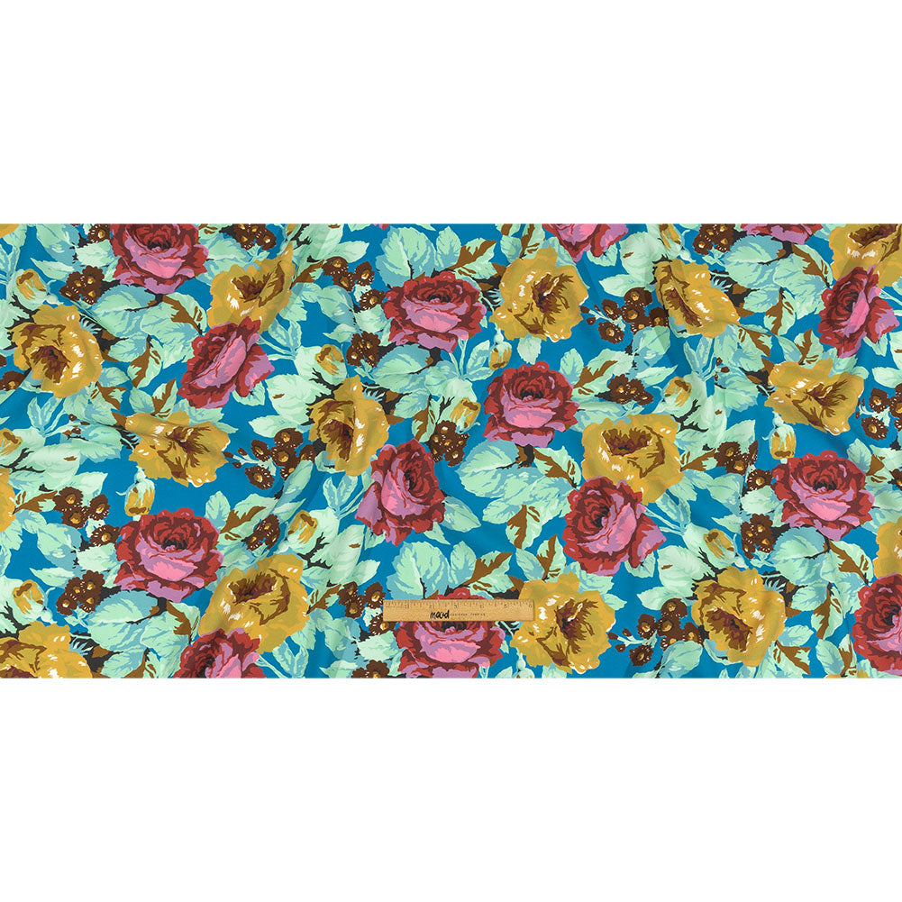 Balenciaga Italian Blue, Mustard and Red Roses Rayon Crepe Drape Balenciaga Italian Blue, Mustard and Red Roses Rayon Crepe Drape