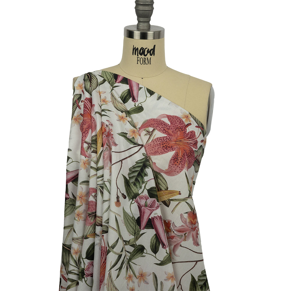 Mercerized Organic Egyptian Cotton Voile - Green, Pink and White Tropical Flowers - Toulouse Collection Mercerized Organic Egyptian Cotton Voile - Green, Pink and White Tropical Flowers - Toulouse Collection