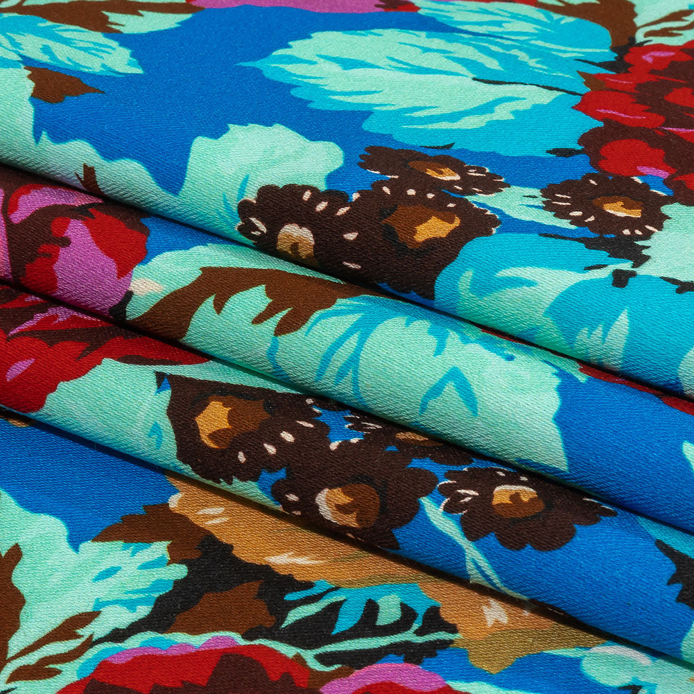 Balenciaga Italian Blue, Mustard and Red Roses Stretch Cotton Twill Folded Balenciaga Italian Blue, Mustard and Red Roses Stretch Cotton Twill Folded