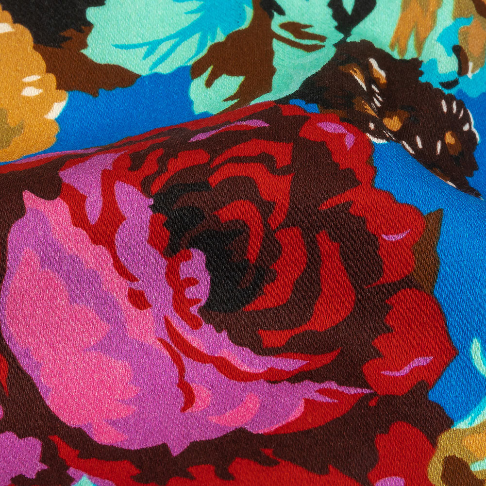 Balenciaga Italian Blue, Mustard and Red Roses Stretch Cotton Twill Detail Balenciaga Italian Blue, Mustard and Red Roses Stretch Cotton Twill Detail