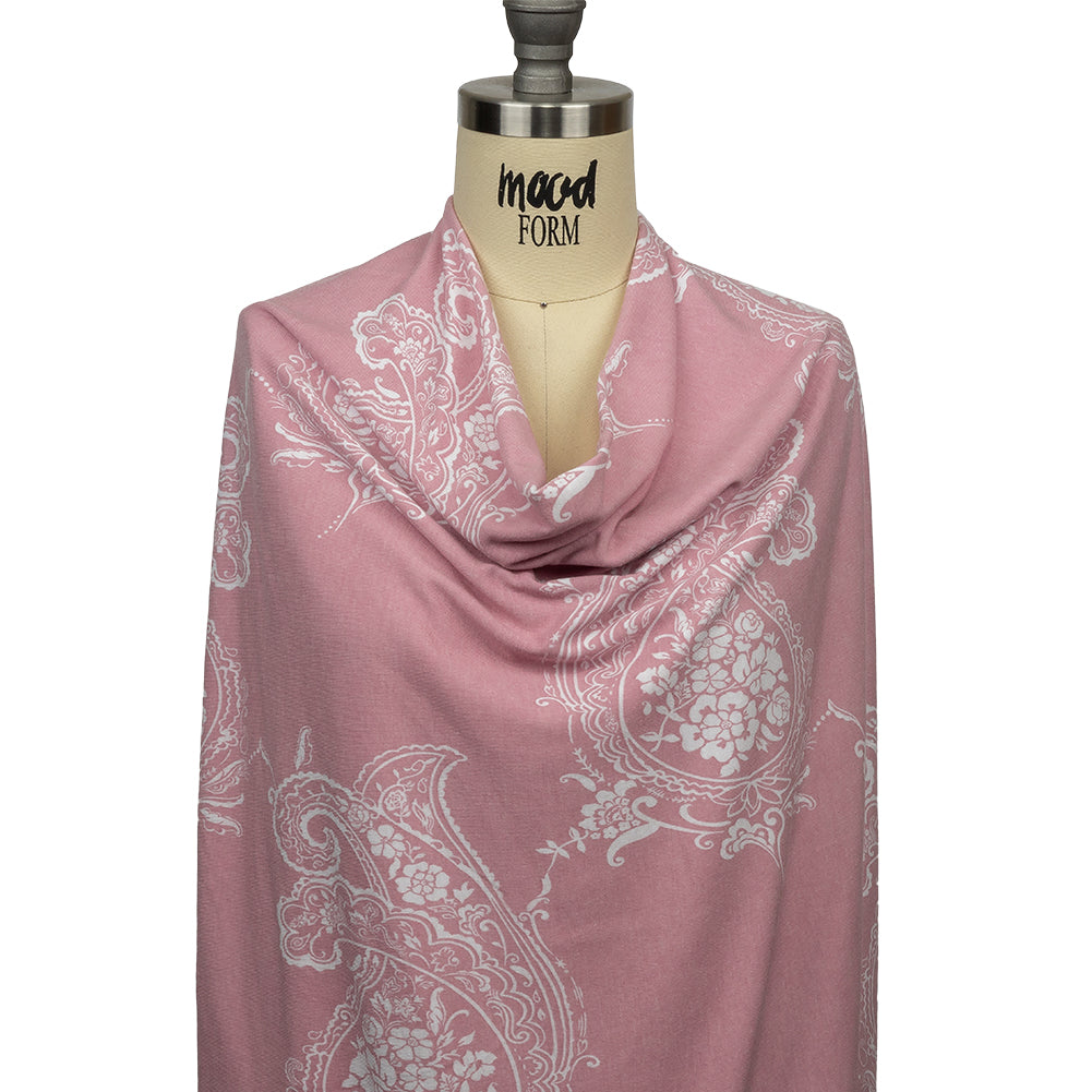 Pink and White Fancy Paisley Polyester and Rayon Jersey Detail Pink and White Fancy Paisley Polyester and Rayon Jersey Detail