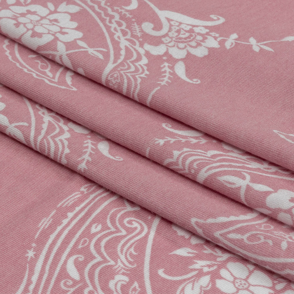 Pink and White Fancy Paisley Polyester and Rayon Jersey Full Pink and White Fancy Paisley Polyester and Rayon Jersey Full