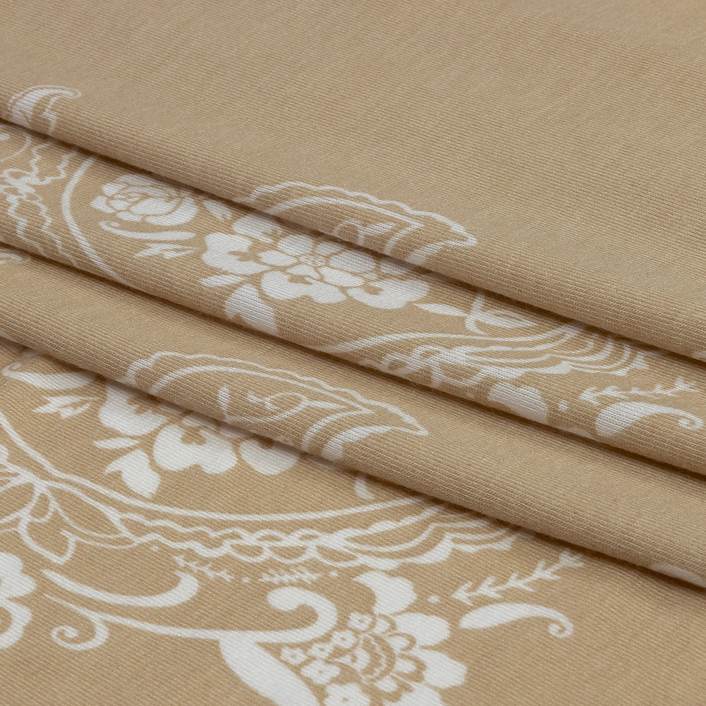 Beige and White Fancy Paisley Polyester and Rayon Jersey Full Beige and White Fancy Paisley Polyester and Rayon Jersey Full