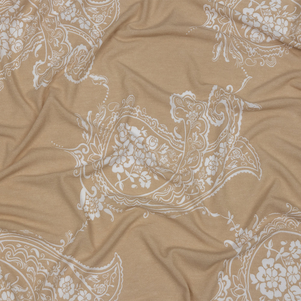 Beige and White Fancy Paisley Polyester and Rayon Jersey Beige and White Fancy Paisley Polyester and Rayon Jersey