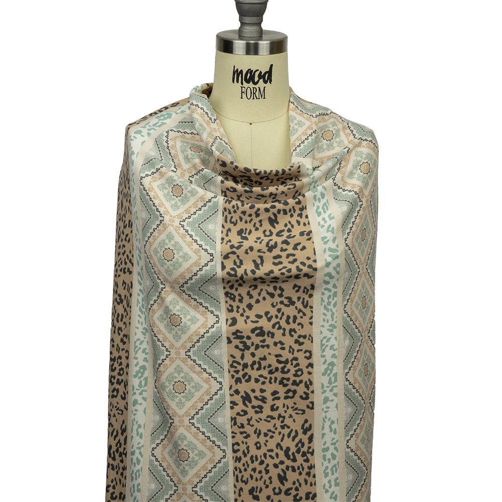 Tan, Mint and White Animal Spots and Geometric Stripes Polyester Sweater Knit Drape Tan, Mint and White Animal Spots and Geometric Stripes Polyester Sweater Knit Drape