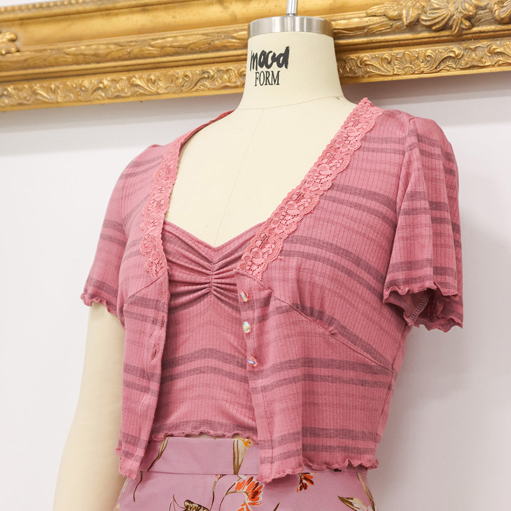 Rose and Charcoal Striped Stretch Rayon Rib Knit Rose and Charcoal Striped Stretch Rayon Rib Knit
