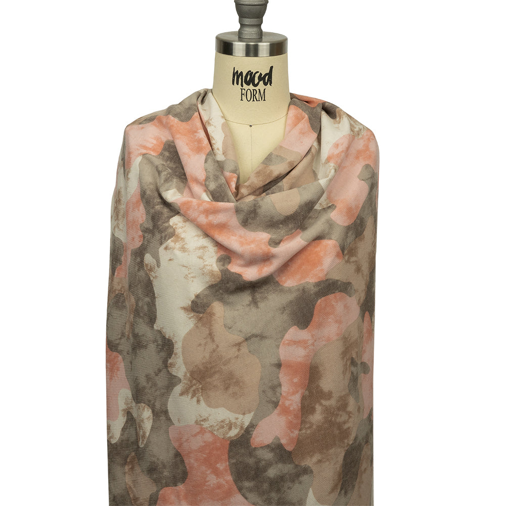 Coral, Beige and Brown Mottled Camouflage Rayon and Polyester Jersey Detail Coral, Beige and Brown Mottled Camouflage Rayon and Polyester Jersey Detail