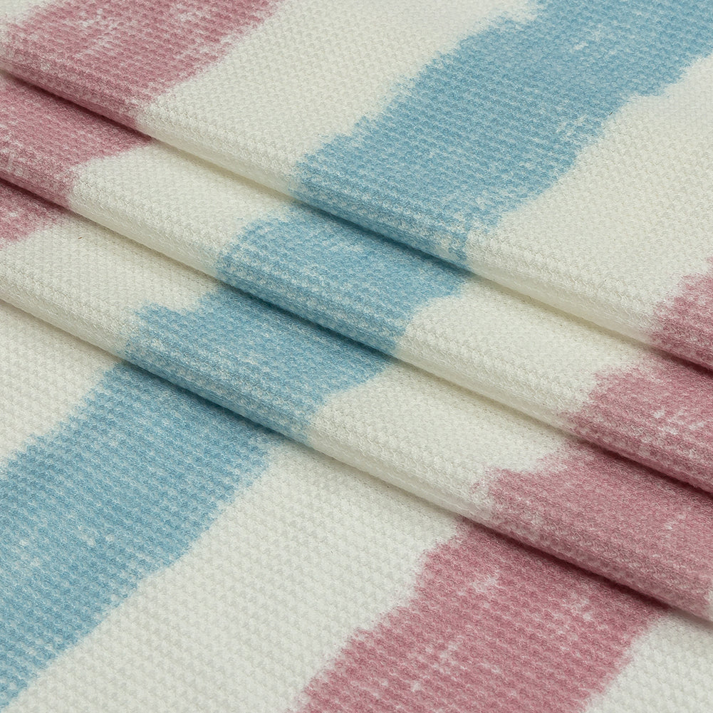 Sky, Rose and White Painterly Stripes Polyester and Rayon Waffle Knit Sky, Rose and White Painterly Stripes Polyester and Rayon Waffle Knit