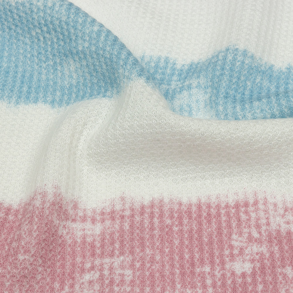 Sky, Rose and White Painterly Stripes Polyester and Rayon Waffle Knit Sky, Rose and White Painterly Stripes Polyester and Rayon Waffle Knit