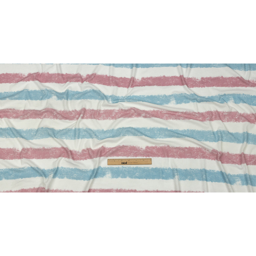 Sky, Rose and White Painterly Stripes Polyester and Rayon Waffle Knit Sky, Rose and White Painterly Stripes Polyester and Rayon Waffle Knit