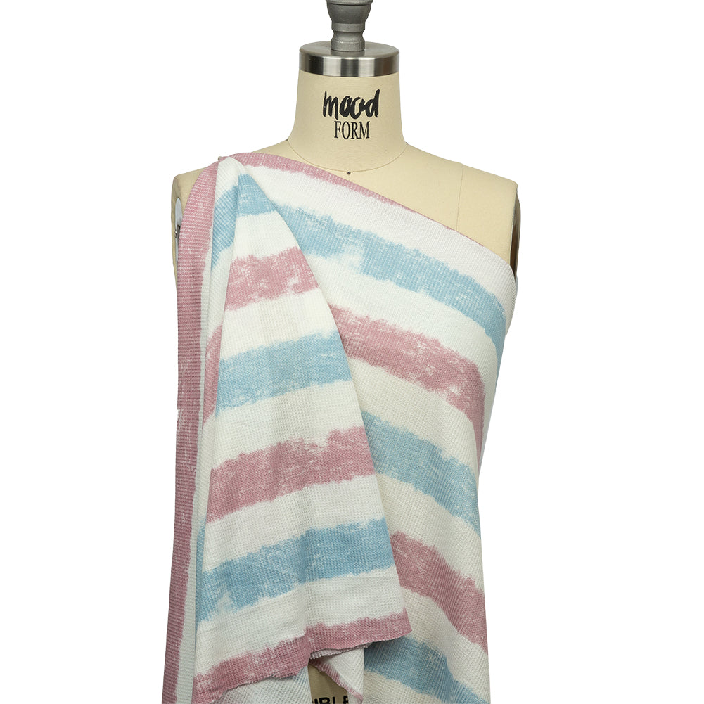 Sky, Rose and White Painterly Stripes Polyester and Rayon Waffle Knit Sky, Rose and White Painterly Stripes Polyester and Rayon Waffle Knit