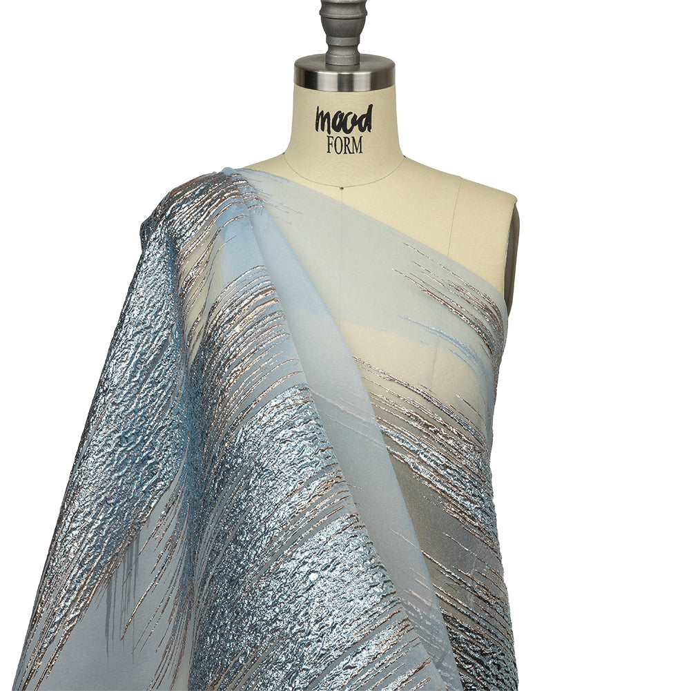 Metallic Rose Gold and Sky Blue Sleek Streaks Luxury Burnout Brocade - Drape Metallic Rose Gold and Sky Blue Sleek Streaks Luxury Burnout Brocade - Drape