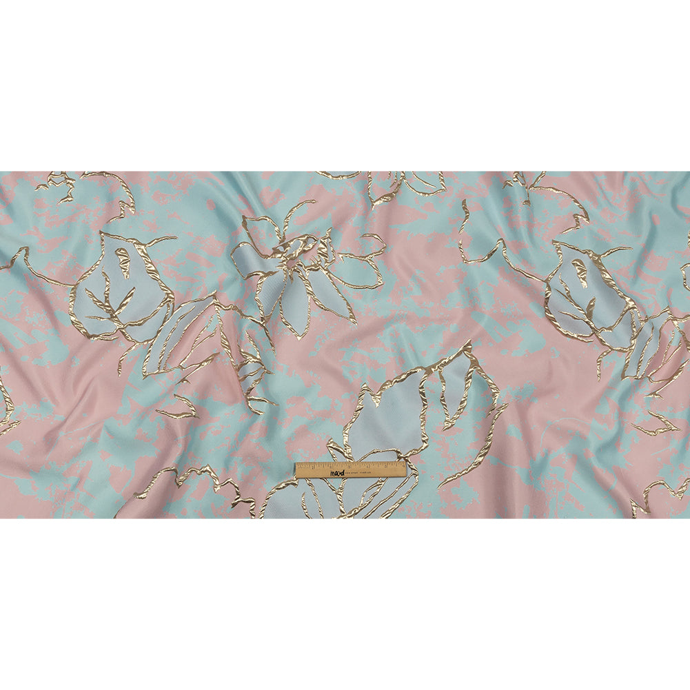 Metallic Gold, Pink and Sky Blue Mottled Floral Outlines Luxury Brocade Metallic Gold, Pink and Sky Blue Mottled Floral Outlines Luxury Brocade