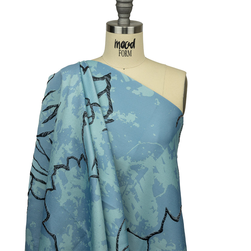 Metallic Gunmetal and Blue Mottled Floral Outlines Luxury Brocade - Drape Metallic Gunmetal and Blue Mottled Floral Outlines Luxury Brocade - Drape