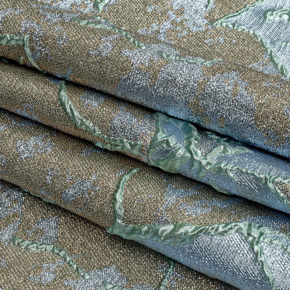 Metallic Seafoam, Sky Blue and Gold Mottled Floral Luxury Brocade - Folded Metallic Seafoam, Sky Blue and Gold Mottled Floral Luxury Brocade - Folded